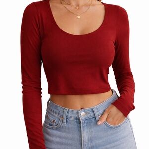 Naked Wardrobe Red Fitted Crop Top Long Sleeve Scoop Neck Crimson Red M